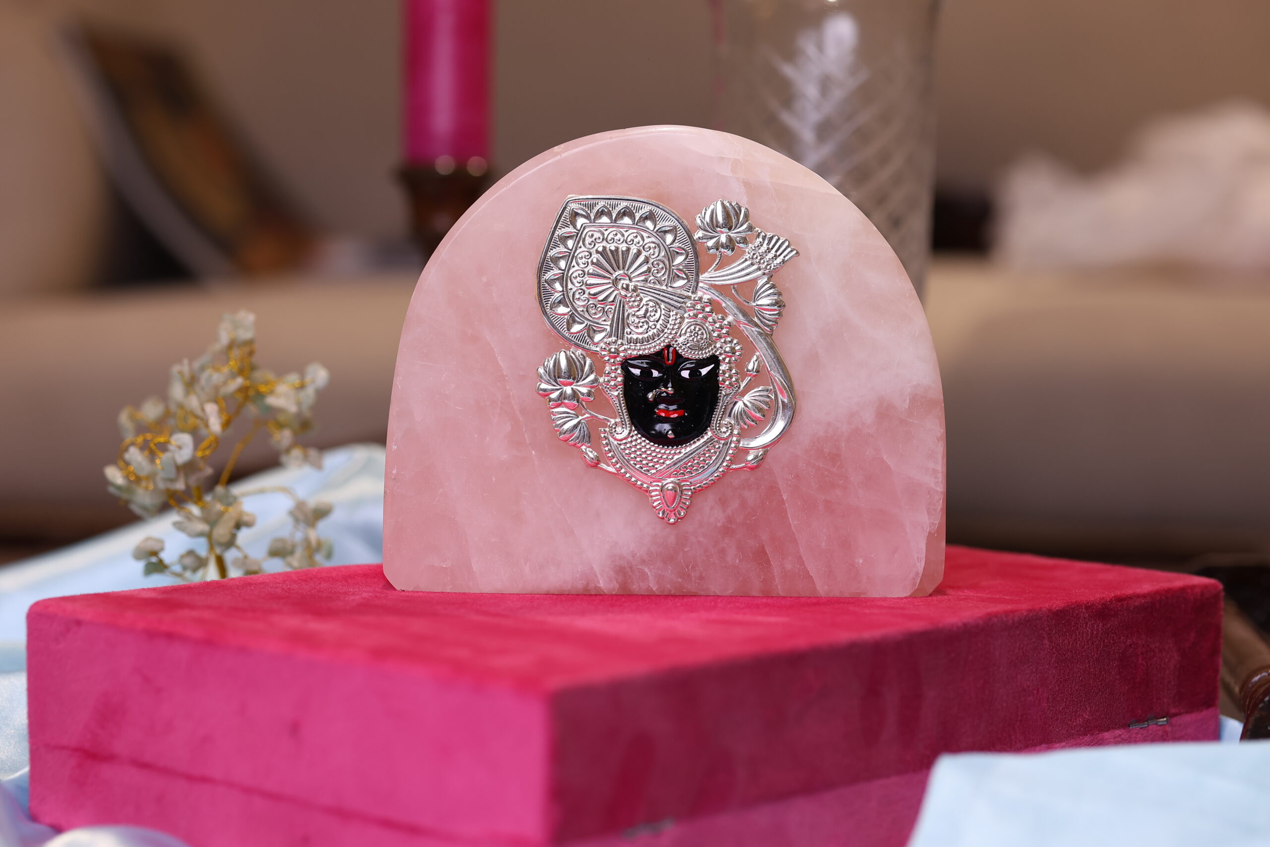 Enamel Banke Bihari in Pure Silver on Rose Quartz