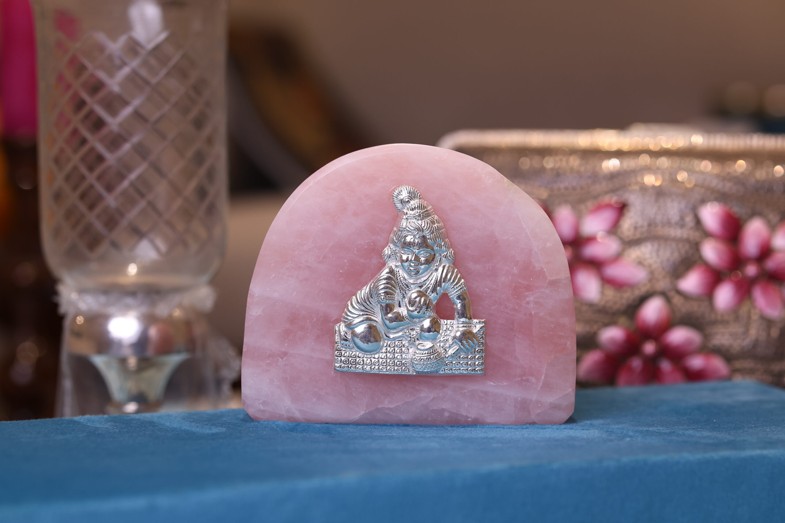 Bal Gopal in Pure Silver on Rose Quartz