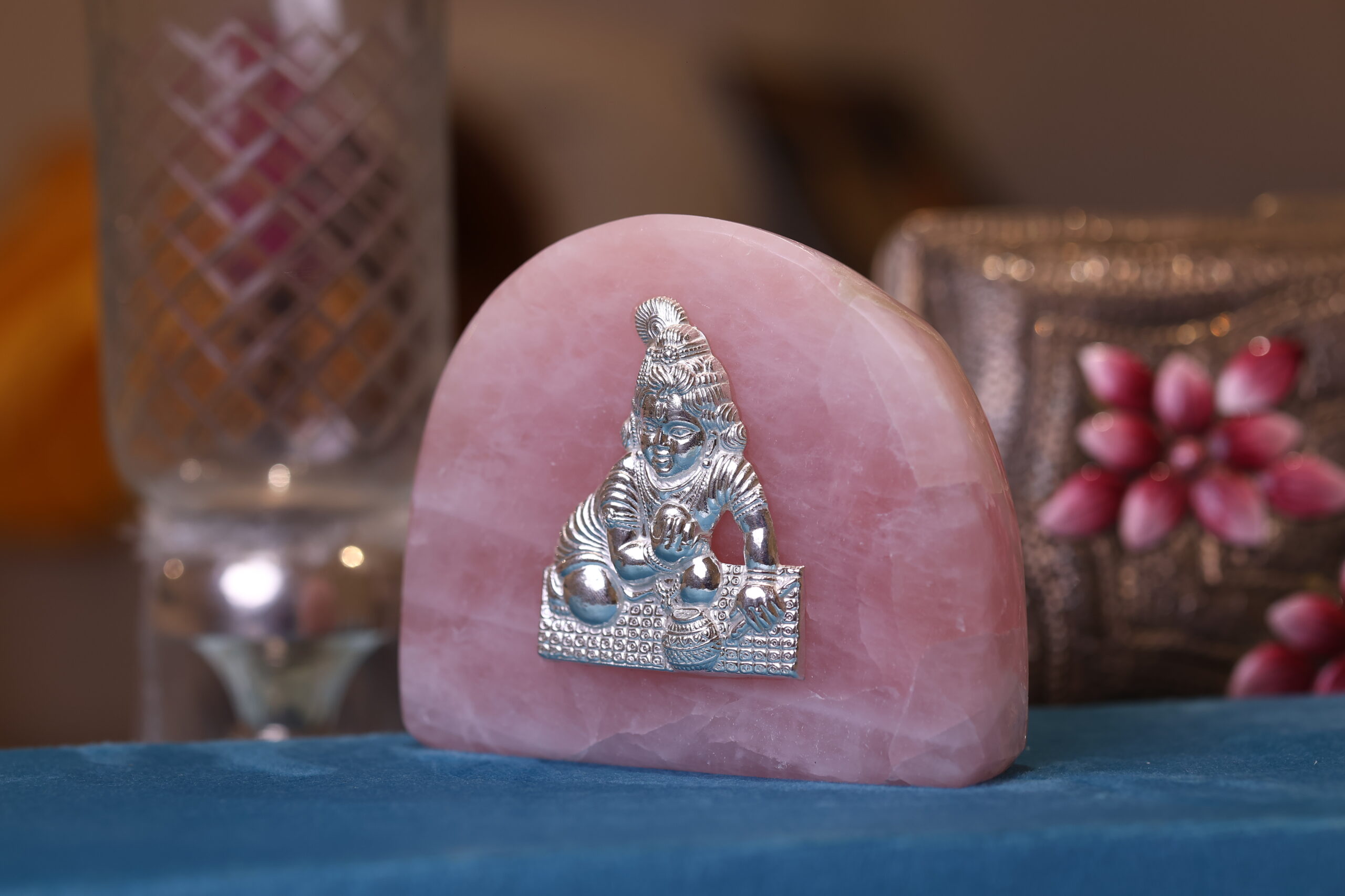 Bal Gopal in Pure Silver on Rose Quartz