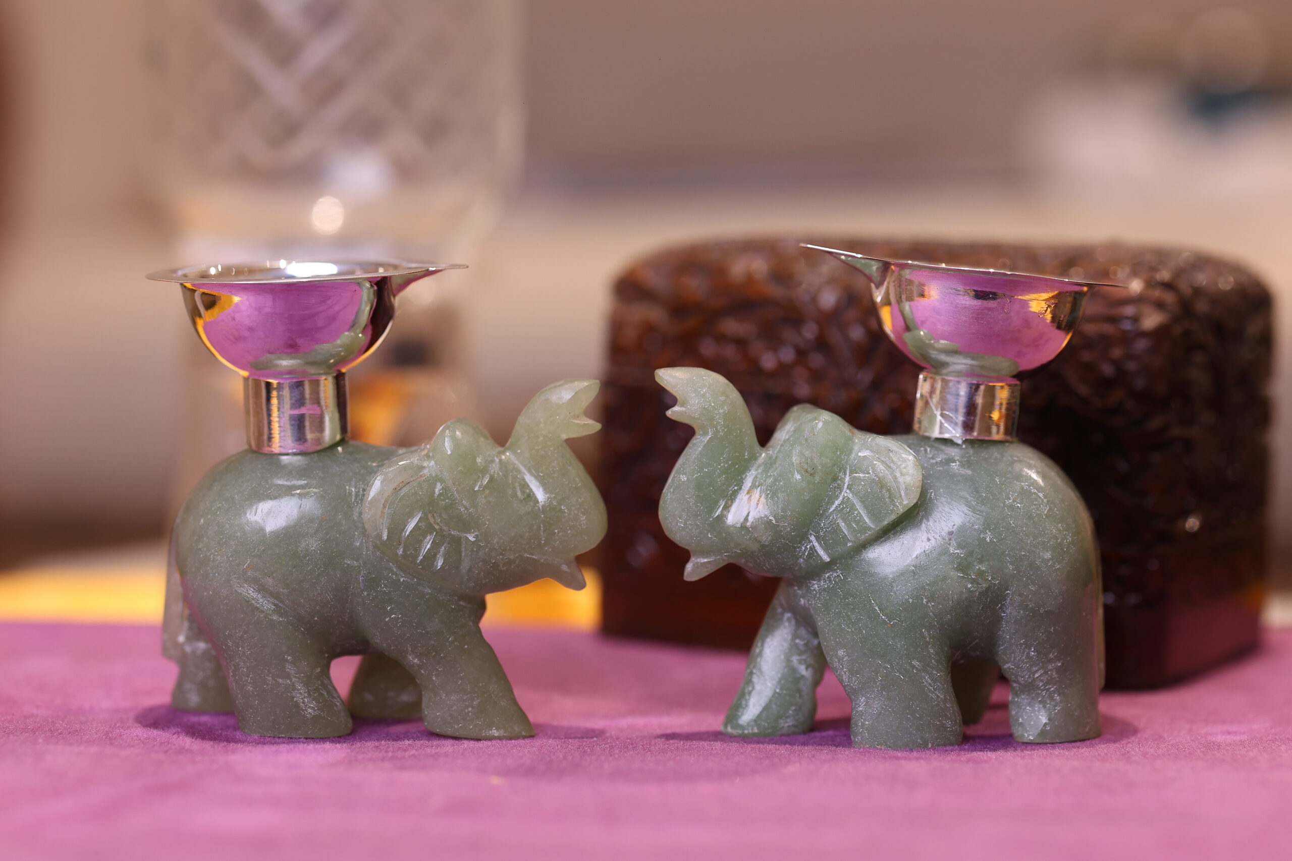 Green Jade Elephant Diya Holders