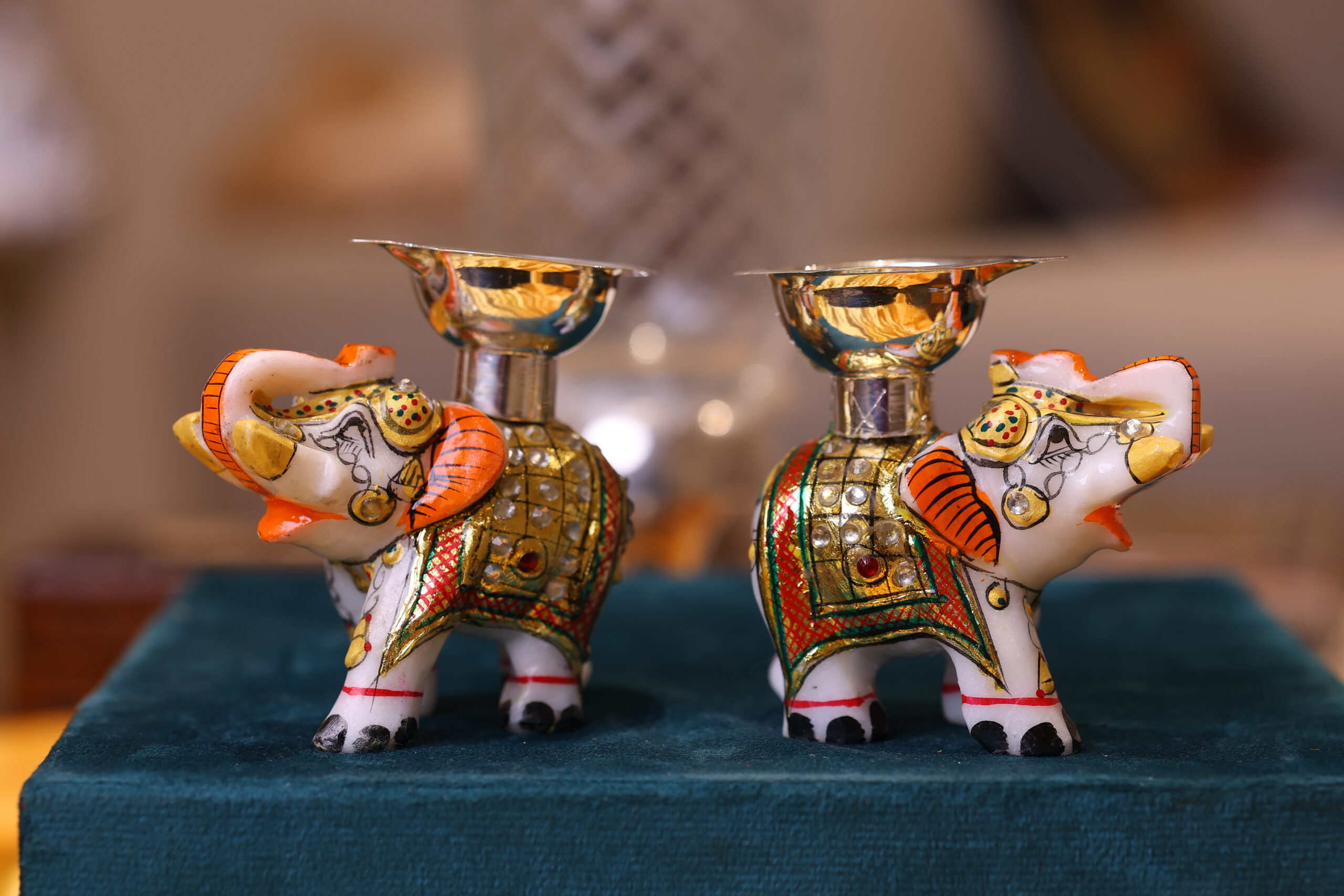 Meenakari Elephant Diya in Pure Silver