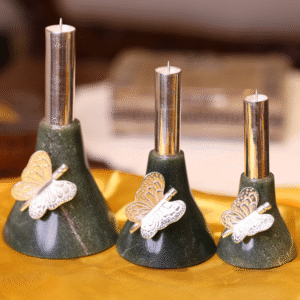 Green Marble Candle Holders with Silver Butterflies - Set of 3