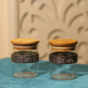 Elegant Glass Jar with Pure Silver Floral Band and Wooden Lid - Set of 2 - Small
