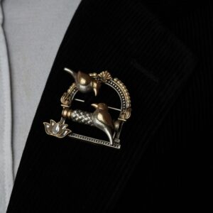 Avian Silver & Gold Lovebirds Brooch with Lotus