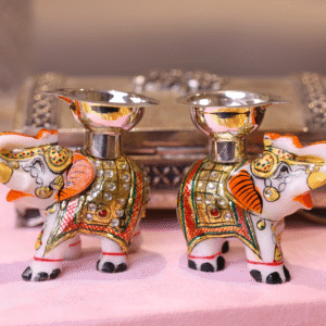Colorful Marble Elephant Diyas with Silver Holders - Set of 2